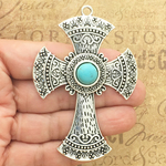 Ornate Cross Pendants Wholesale in Silver Pewter with Turquoise