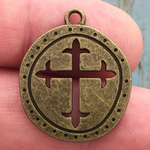 Fleur de Lis Cross Pendant Bronze Pewter Disk