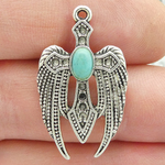 Angel Wings Cross Pendant in Silver Pewter with Turquoise 