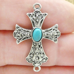 Cross Bracelet Connector Silver Pewter with Turquoise