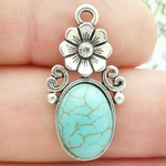 Turquoise Flower Charms Wholesale in Silver Pewter