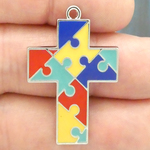 Autism Puzzle Cross Pendants Wholesale Silver Pewter with Enamel