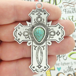 Large Turquoise Cross Pendant Wholesale in Silver Pewter