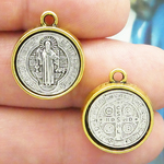 St Benedict Medal in Antique Silver and Gold Pewter Medium