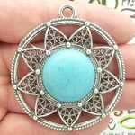 Silver Round Filigree Turquoise Pendant in Antique Pewter