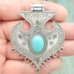 Large Silver Ornate Bali Pendant with Turquoise in Antique Pewter