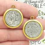 St Benedict Medal in Antique Silver and Gold Pewter Large