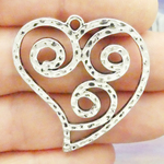 Open Heart Pendant with Scroll Design in Silver Pewter Medium