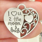 Heart Shaped to the Moon and Back Charms Wholesale in Silver Pewter