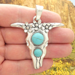 Cow Skull Pendant with Turquoise in Silver Pewter