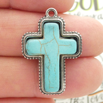 Silver Turquoise Cross Pendant with Rope Accent Pewter