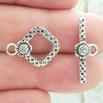 Square Toggle Clasp for Jewelry Making in Antique Silver Pewter with Flower Accent